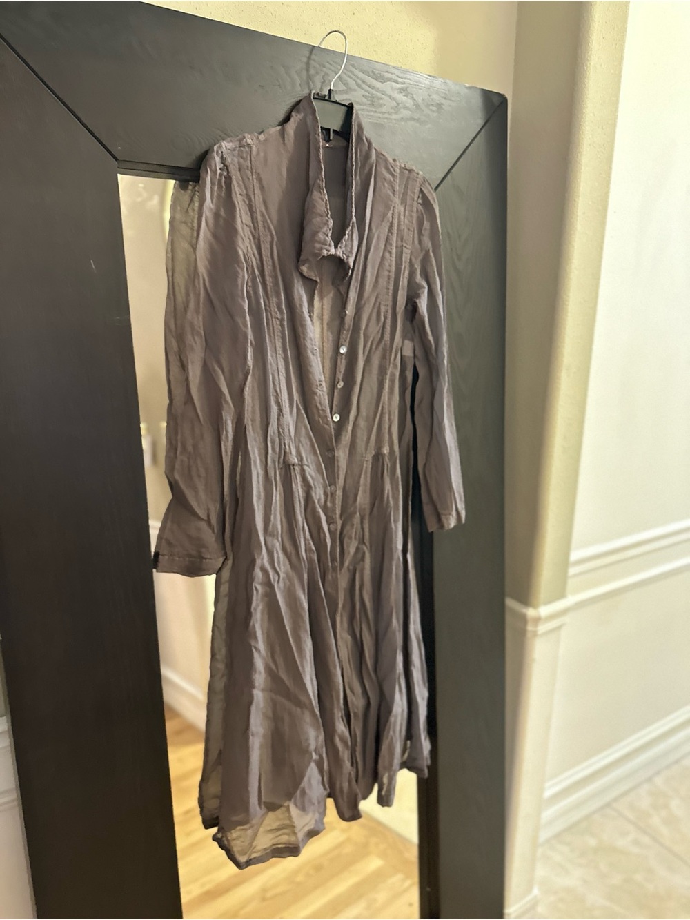Lightweight Silk Taupe Button-Front Long Cardigan Dress